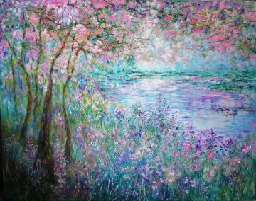  Cerezo Arte - Cerezo en flor flores silvestres estanque árboles jardín decoración paisaje pared arte naturaleza paisaje